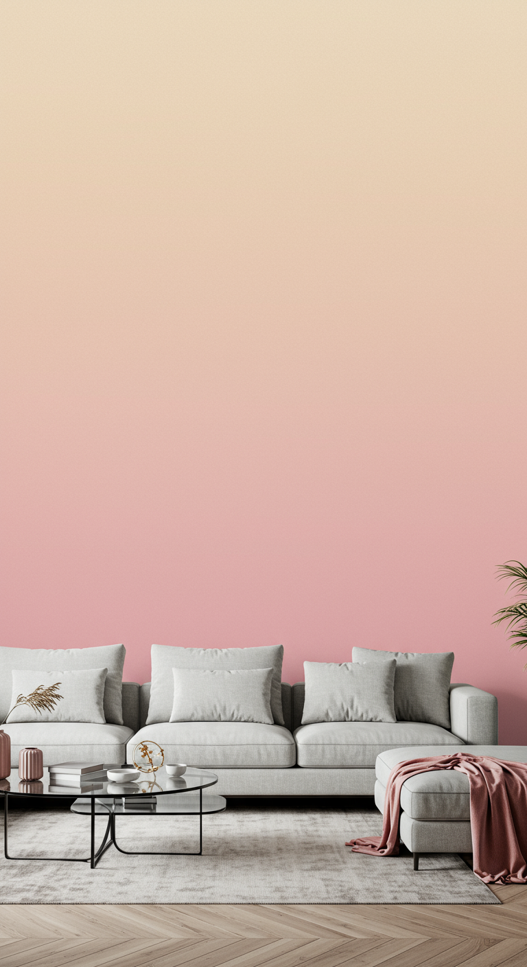Woonkamer met een ombre muur in geel-roze pasteltinten en een lichtgrijze bank.