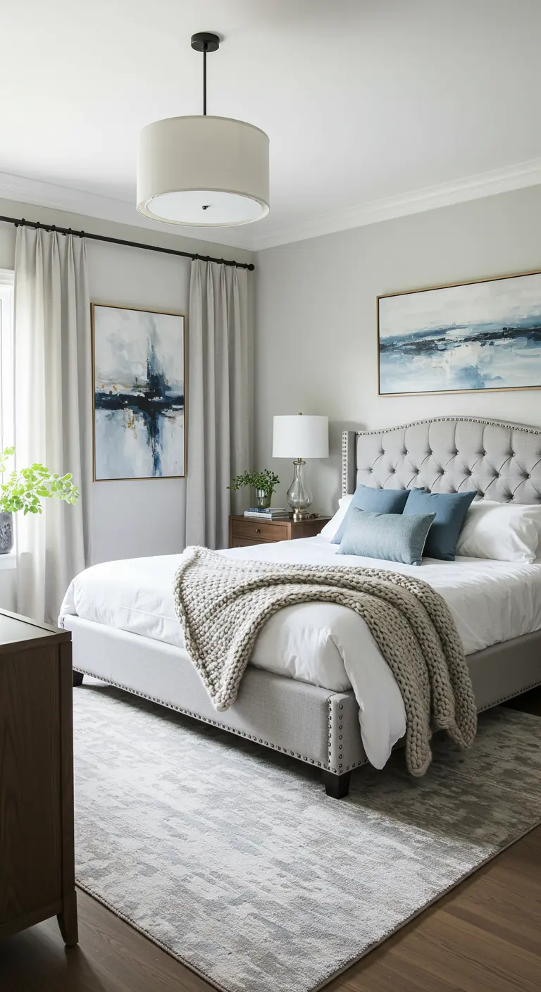 Lichte slaapkamer met een groot, grof gebreid beige plaid op het bed.