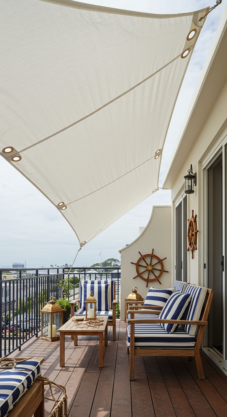 Balkon in nautische stijl met een groot beige schaduwdoek en houten loungemeubels.