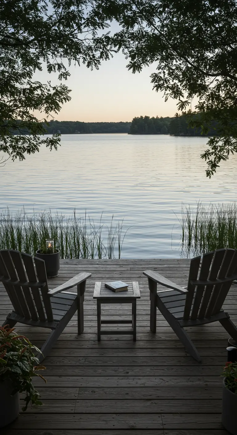 Twee houten Adirondack stoelen en een tafeltje op een steiger aan een meer.