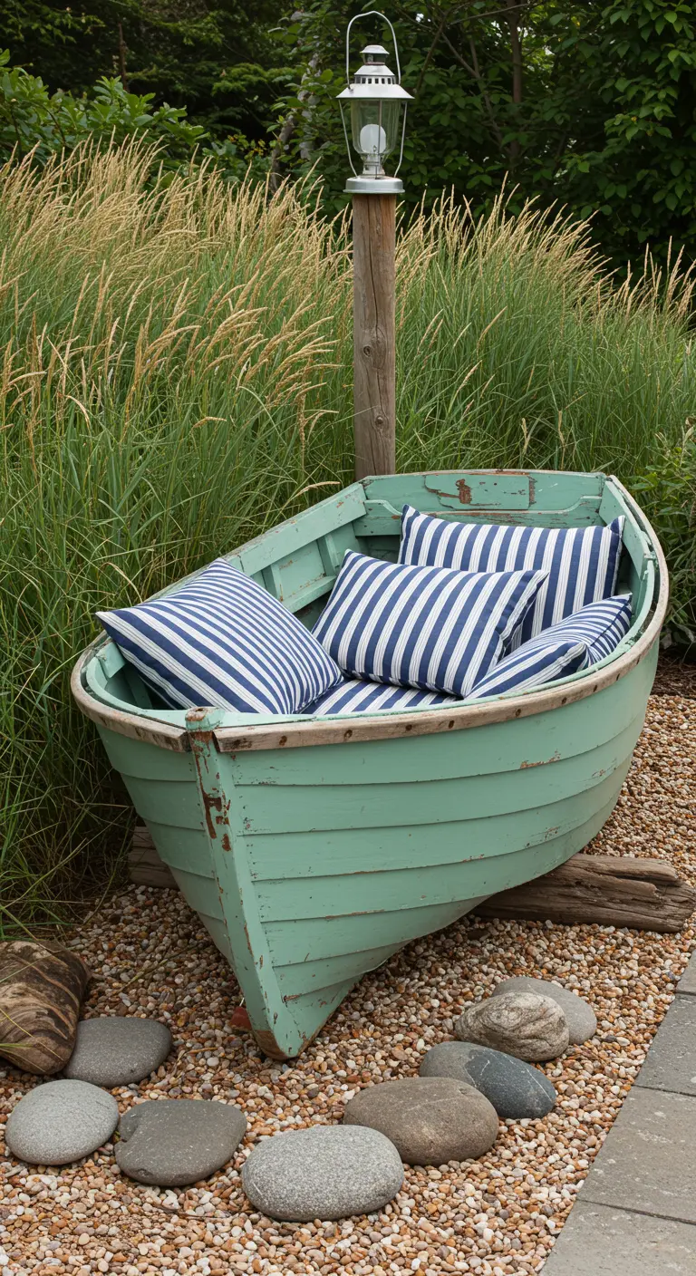 Oud groen roeibootje gevuld met blauw-wit gestreepte kussens, als tuinbank.