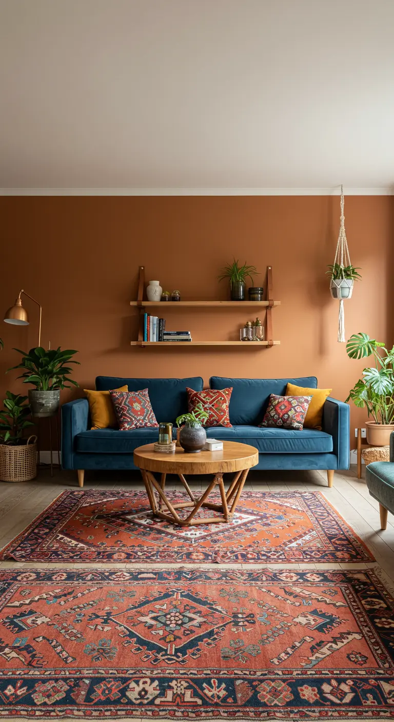 Bohemian woonkamer met terracotta muur, blauwe bank en veel planten.
