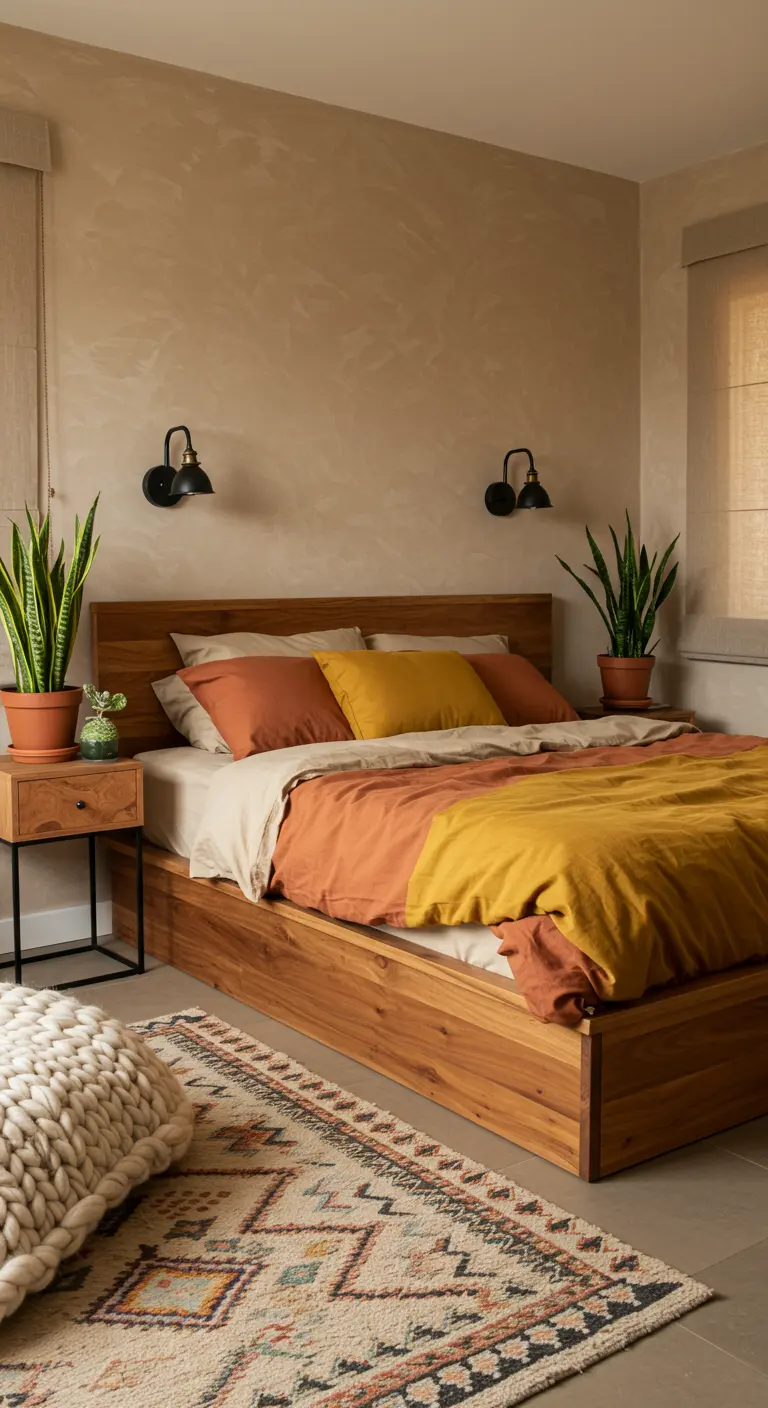Slaapkamer met aardetinten beddengoed, houten bed, planten en etnisch vloerkleed.