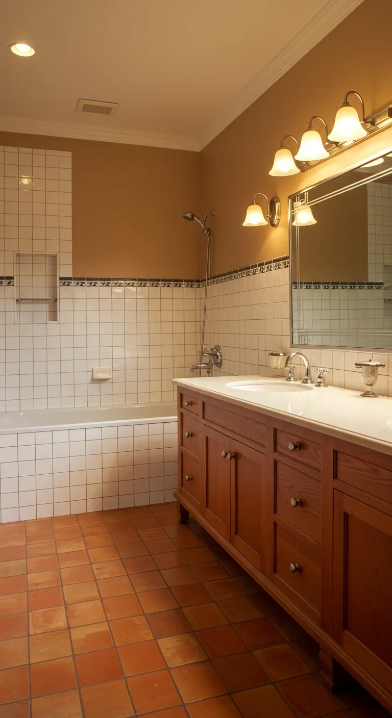 Badkamer met terracotta vloer, witte wandtegels en houten badmeubel.