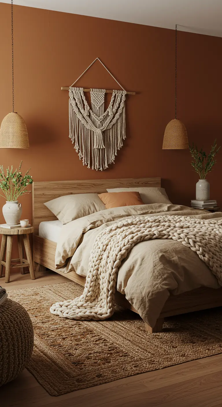 Slaapkamer met terracotta muur, macramé wandhanger en rotan lampen.