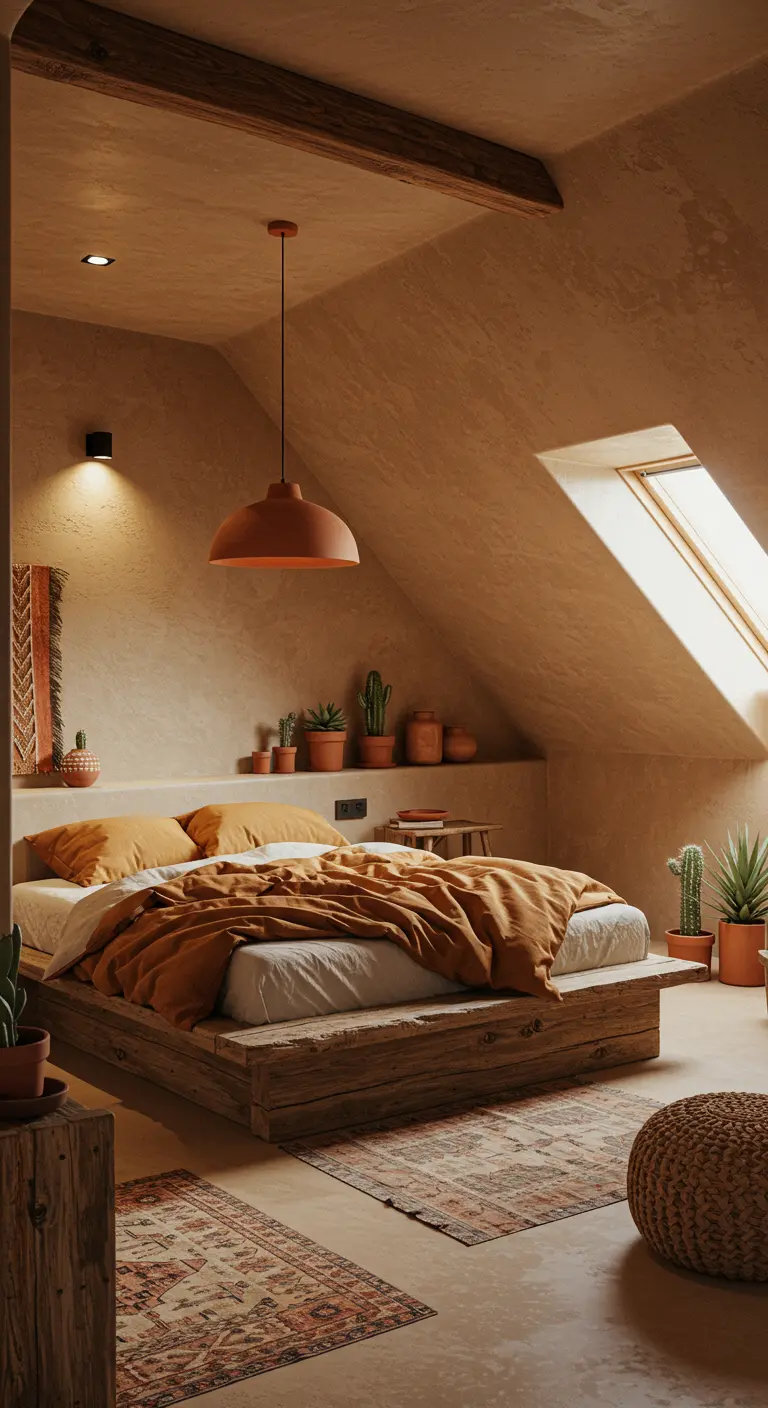 Zolderslaapkamer met terracotta muren, laag houten bed en aardetinten.