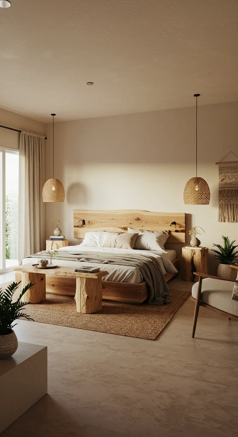 Naturel slaapkamer met houten bed, rotan hanglampen en boomstam bankje.