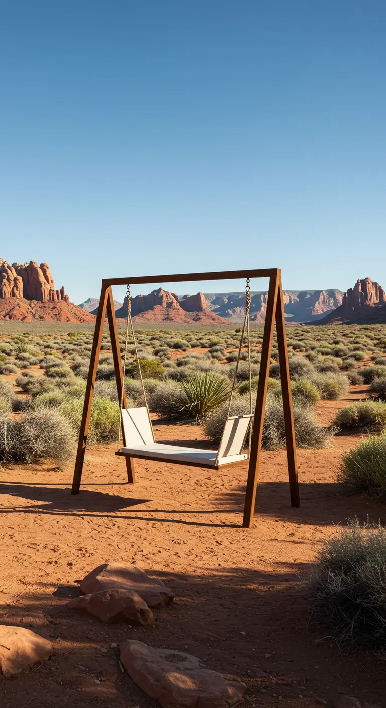 Bruin metalen schommelframe met twee witte zittingen in een woestijnachtig landschap.