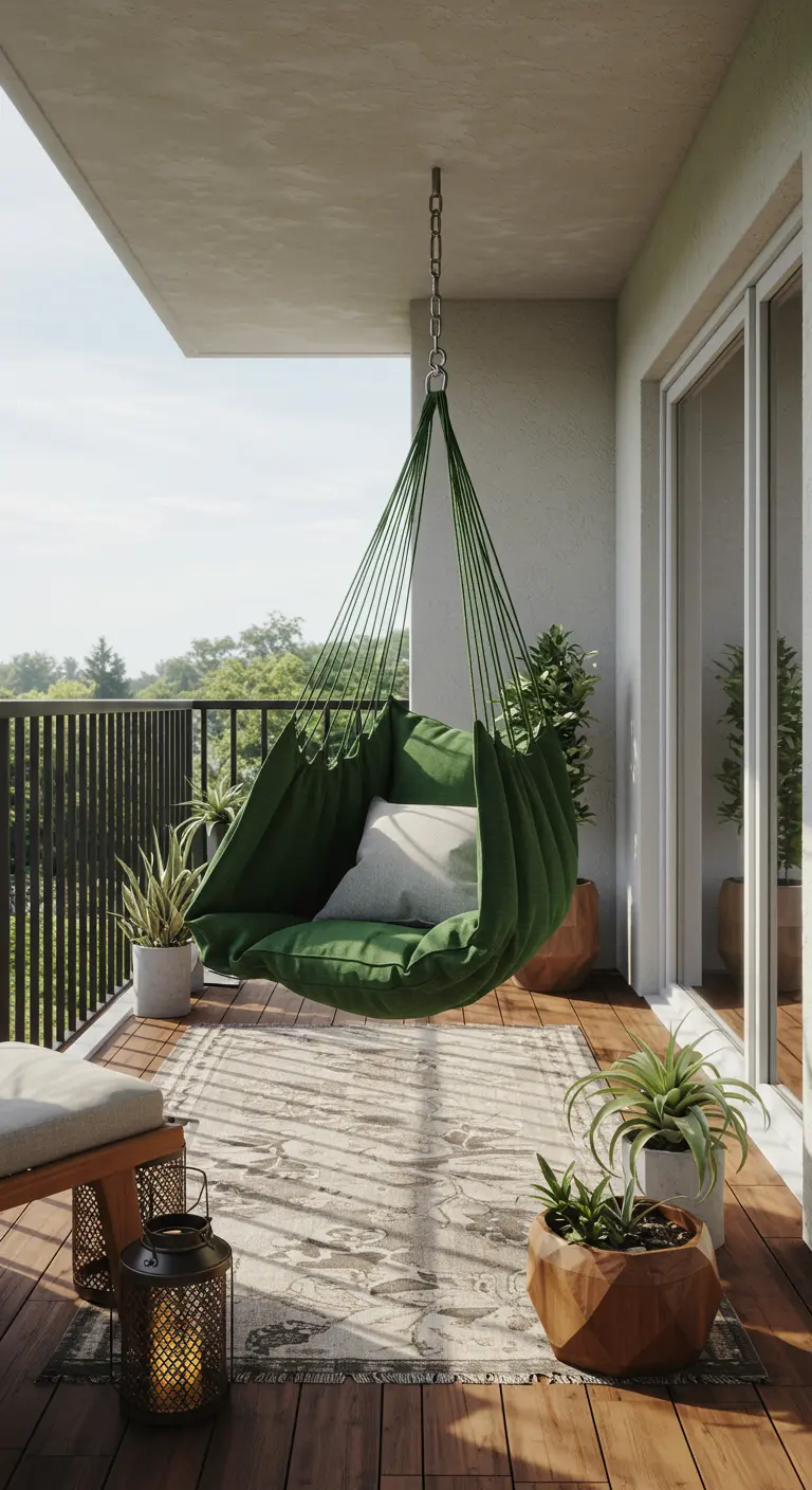 Houten balkon met een diepgroene stoffen hangstoel, zacht vloerkleed en planten.