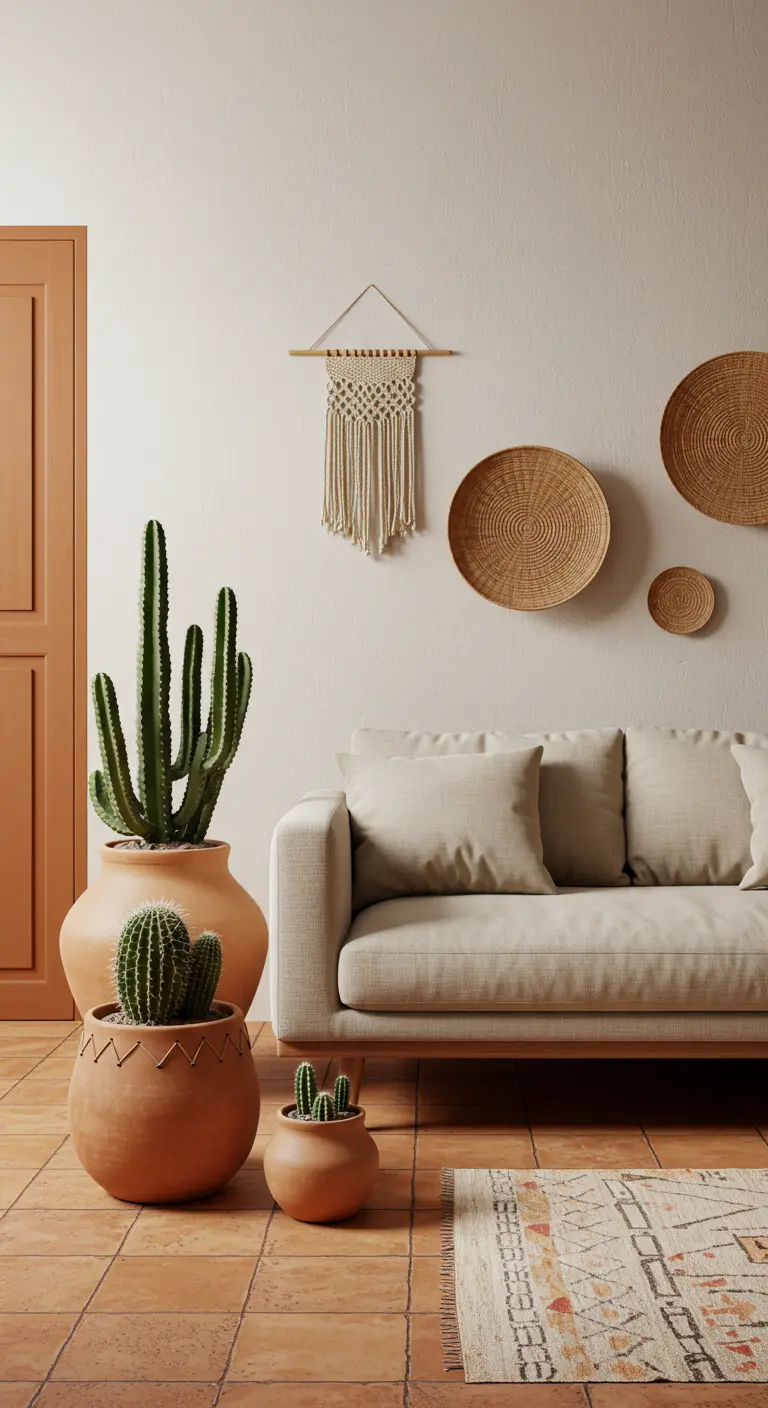Setting met terracotta potten met cactussen, een lichte bank en rieten wanddecoratie.