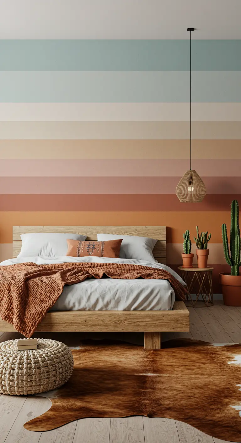 Slaapkamer met horizontale banen in aardetinten achter het houten bed.