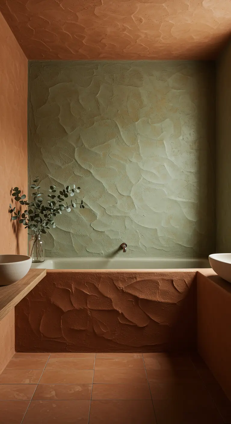 Wabi-sabi badkamer met terracotta en saliegroene textuurmuren rondom een ingebouwd bad.