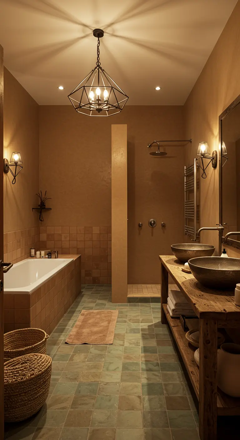 Aardse badkamer met terracotta wanden, houten meubel en groenblauwe vloertegels