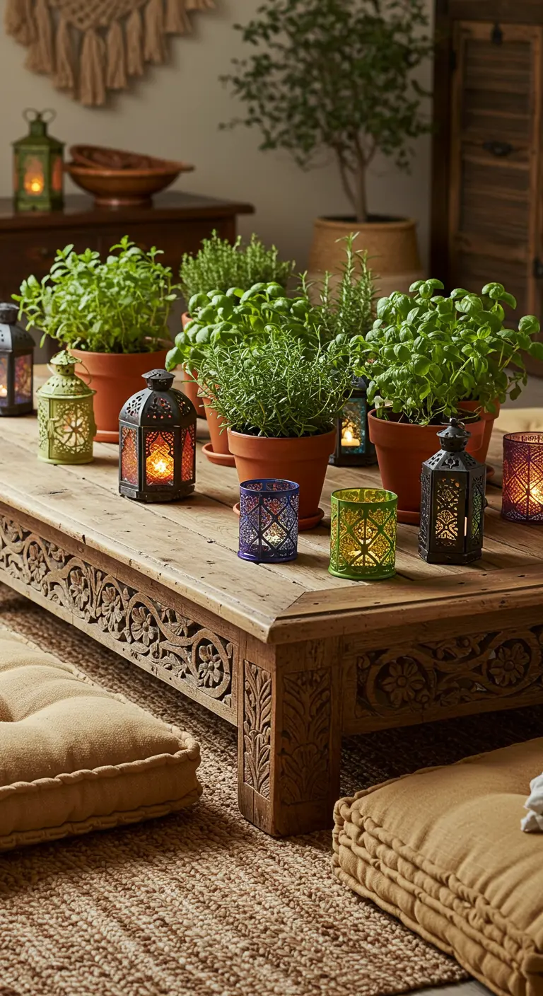 Lage houten tafel met kruiden in potjes, kleurrijke theelichtjes en metalen lantaarns, bohemien stijl.
