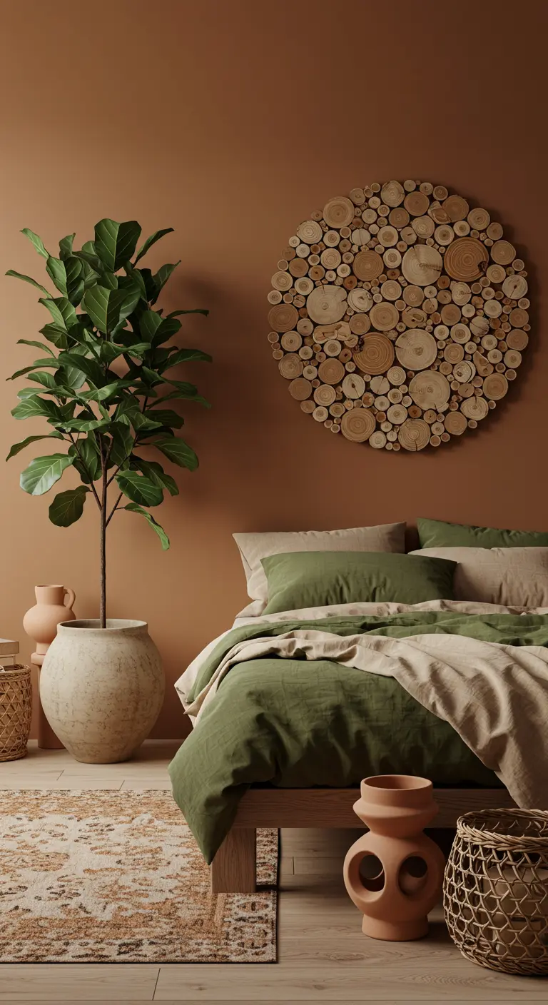 Boho slaapkamer met ronde houten wanddecoratie, grote plant en aardetinten.