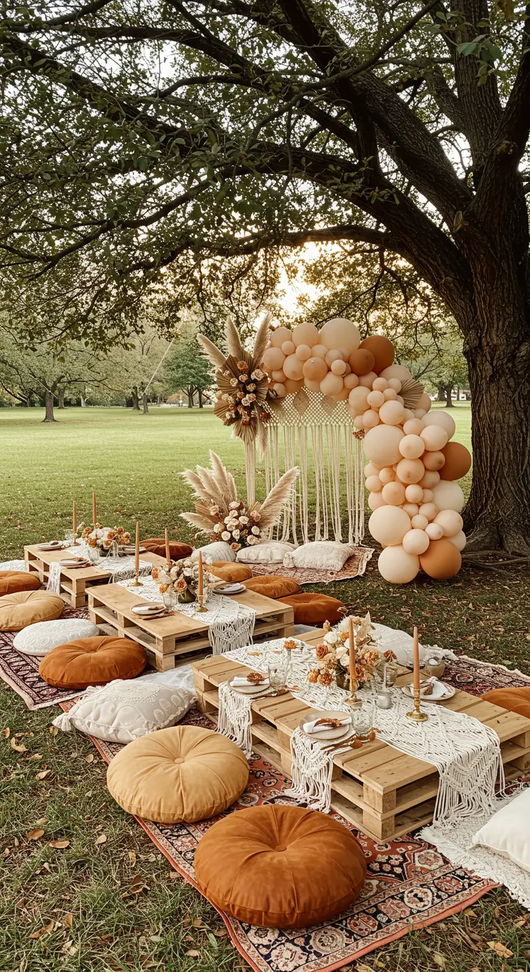 Boho picknick setting met aardetinten ballonnenboog, droogbloemen en lage tafels.