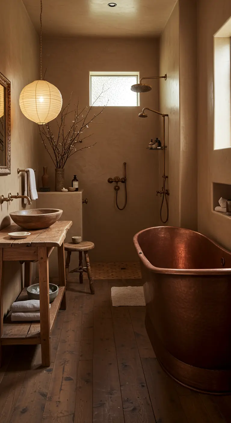 Rustieke badkamer met koperen bad, aardetinten muren, houten meubels en papieren hanglamp.