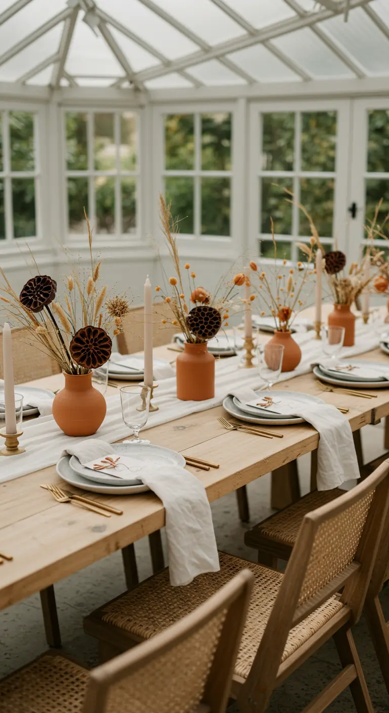 Tafelsetting met terracotta vazen, droogbloemen en witte tafelloper.