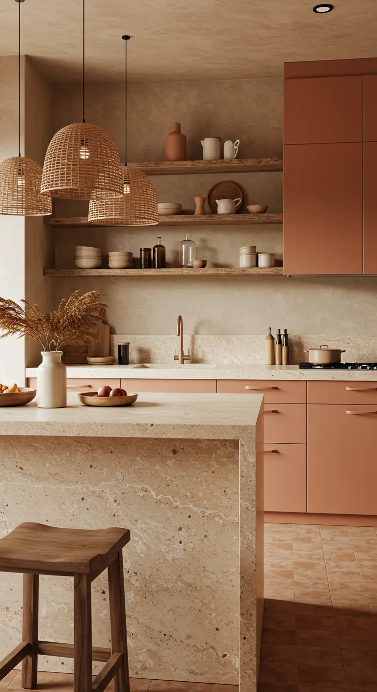 Keuken in aardetinten met een beige travertin-look marmeren eiland en terracotta kasten.