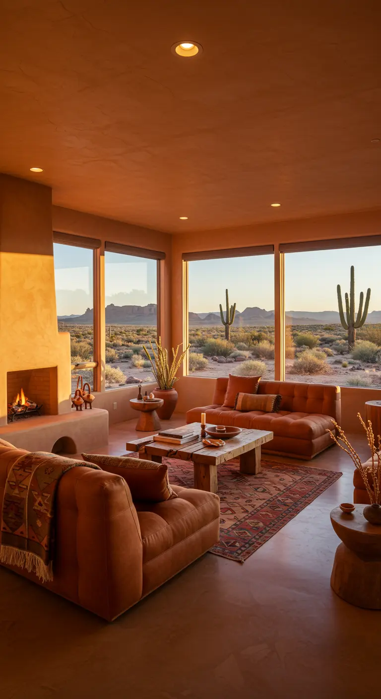 Woonkamer in woestijnstijl met aardetinten, open haard en uitzicht op cactussen.