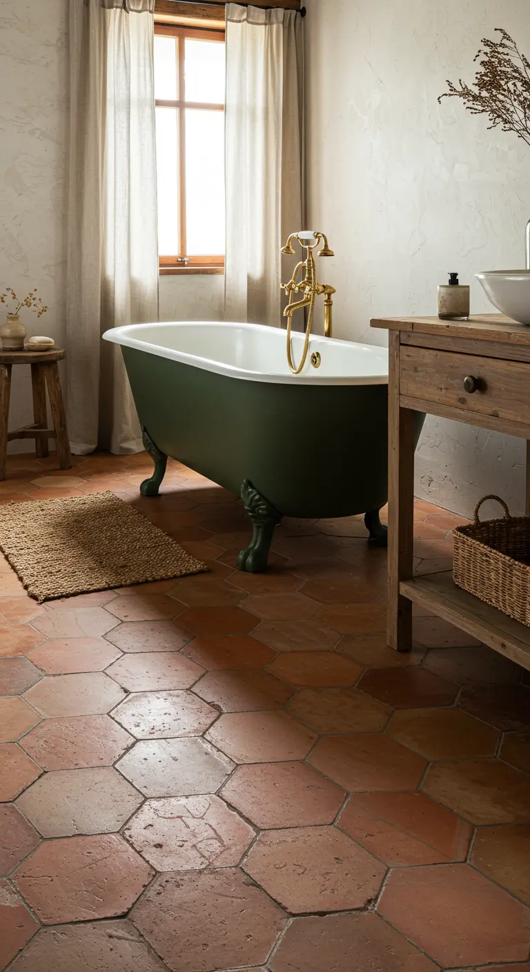 Rustieke badkamer met terracotta hexagon vloertegels en vrijstaand bad.