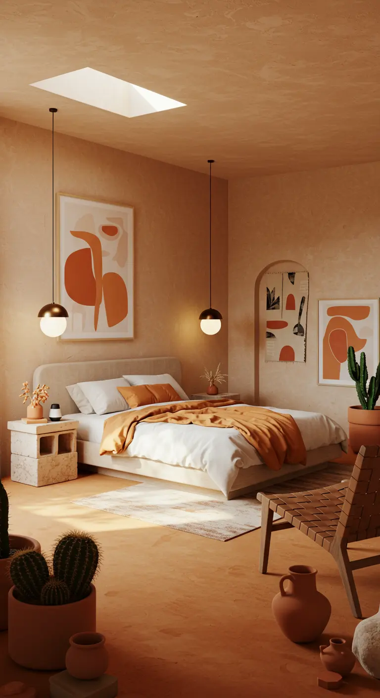 Slaapkamer in aardetinten met organische vormen, cactussen en een dakraam.