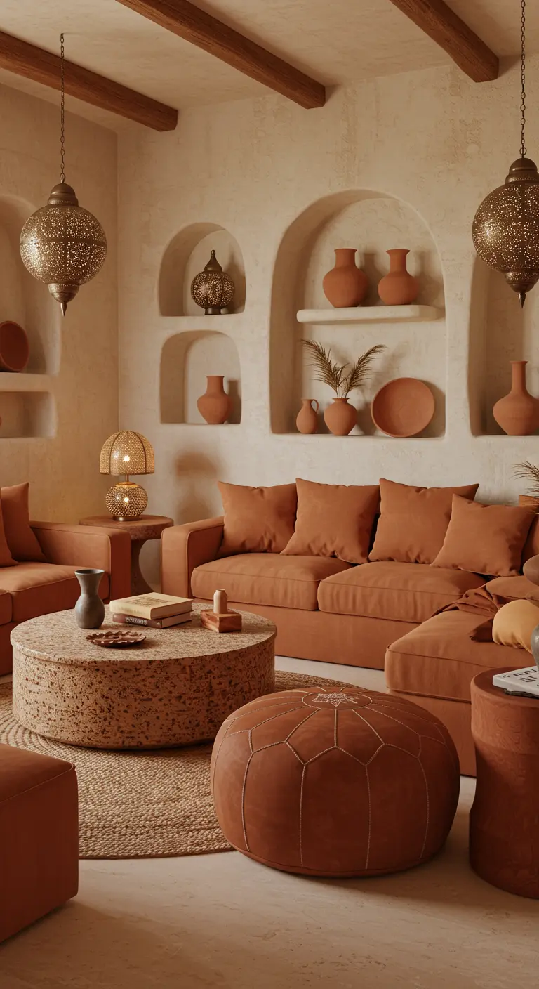 Aardse woonkamer met Marokkaanse lantaarns, ronde salontafel en terracotta details.