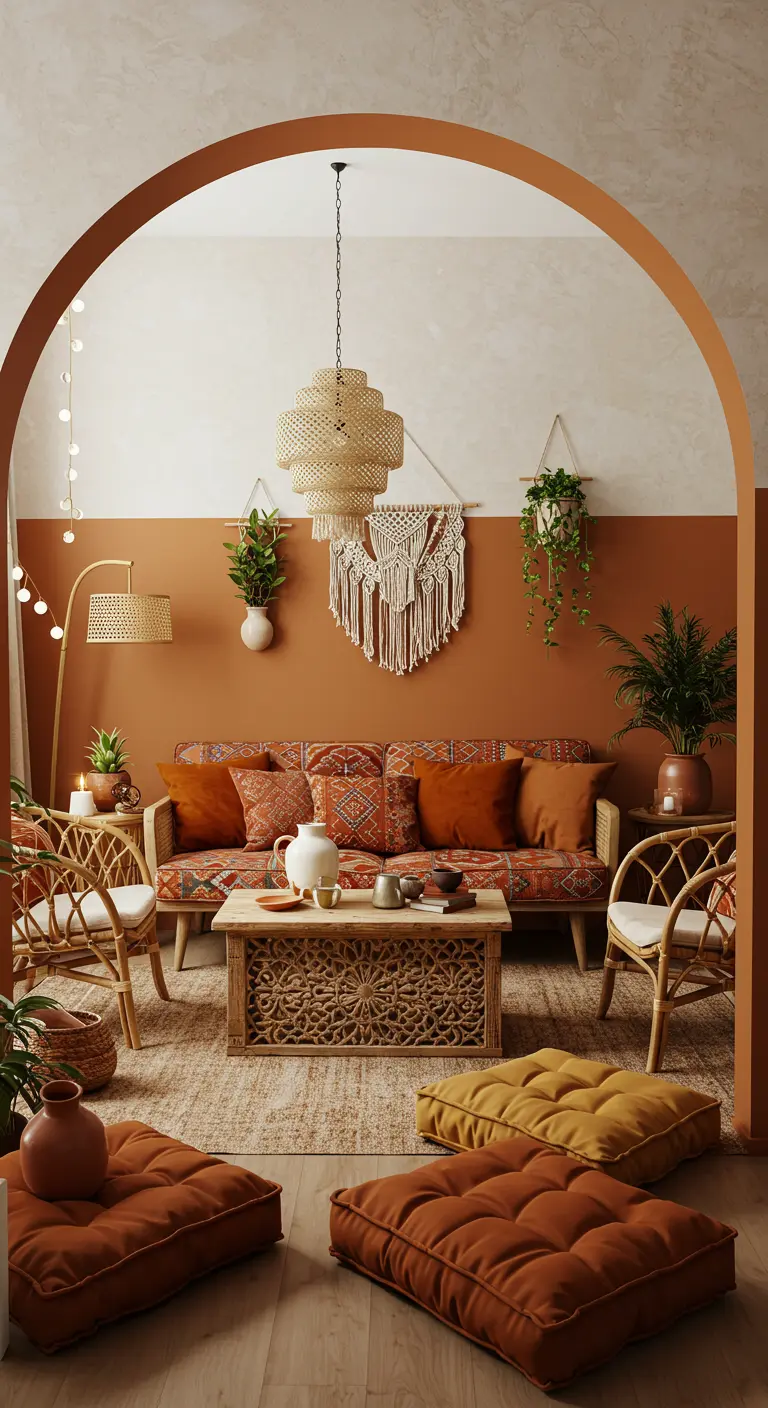 Bohemian woonkamer met terracotta ondermuur en witte bovenmuur, zicht door een boog.