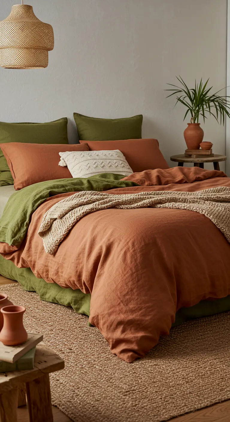 Bed met terracotta en olijfgroen linnen beddengoed, gebreide plaid en rotan lamp.
