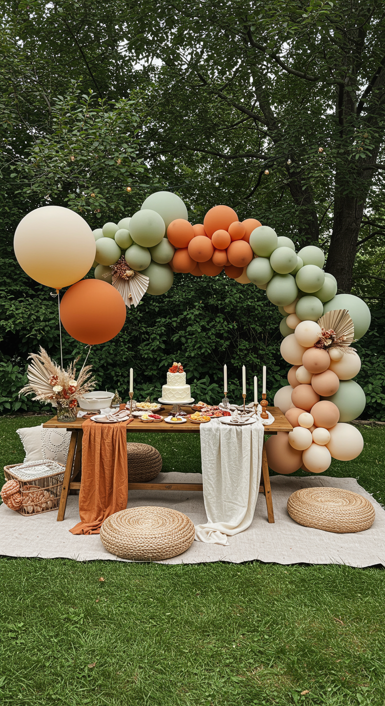 Boho picknick setting in de tuin met een ballonnenboog in aardetinten.