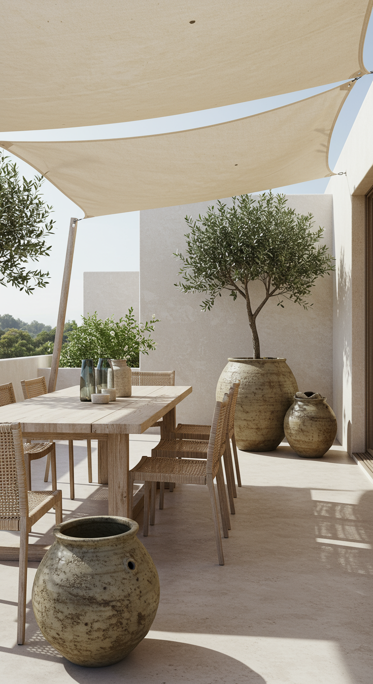Terras met grote aardewerken potten, houten eettafel en stoelen, en een beige schaduwdoek.