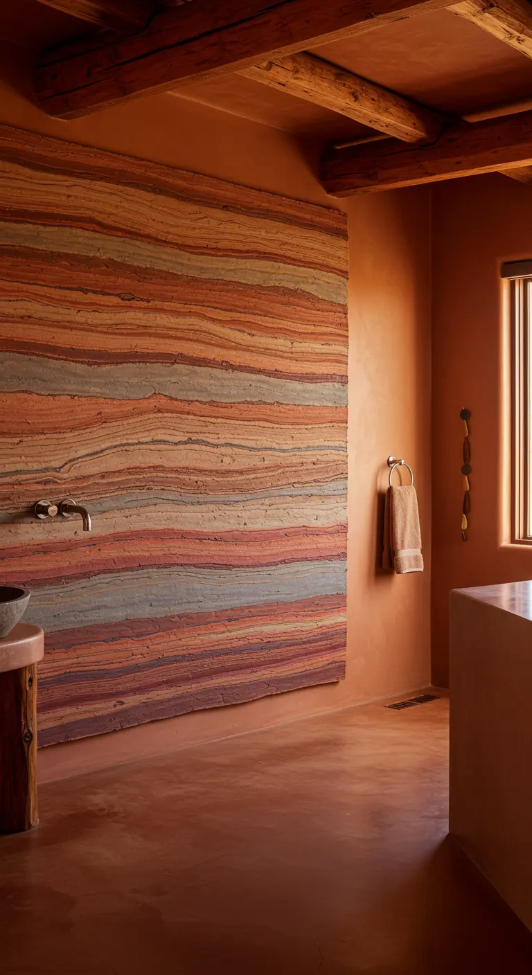 Badkamer met een gelaagde, rammed earth-achtige muur in aardetinten en houten balken aan het plafond.