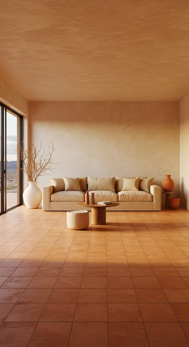 Woonkamer met terracotta vloer, zandkleurige muren en beige bank in aardse tinten.