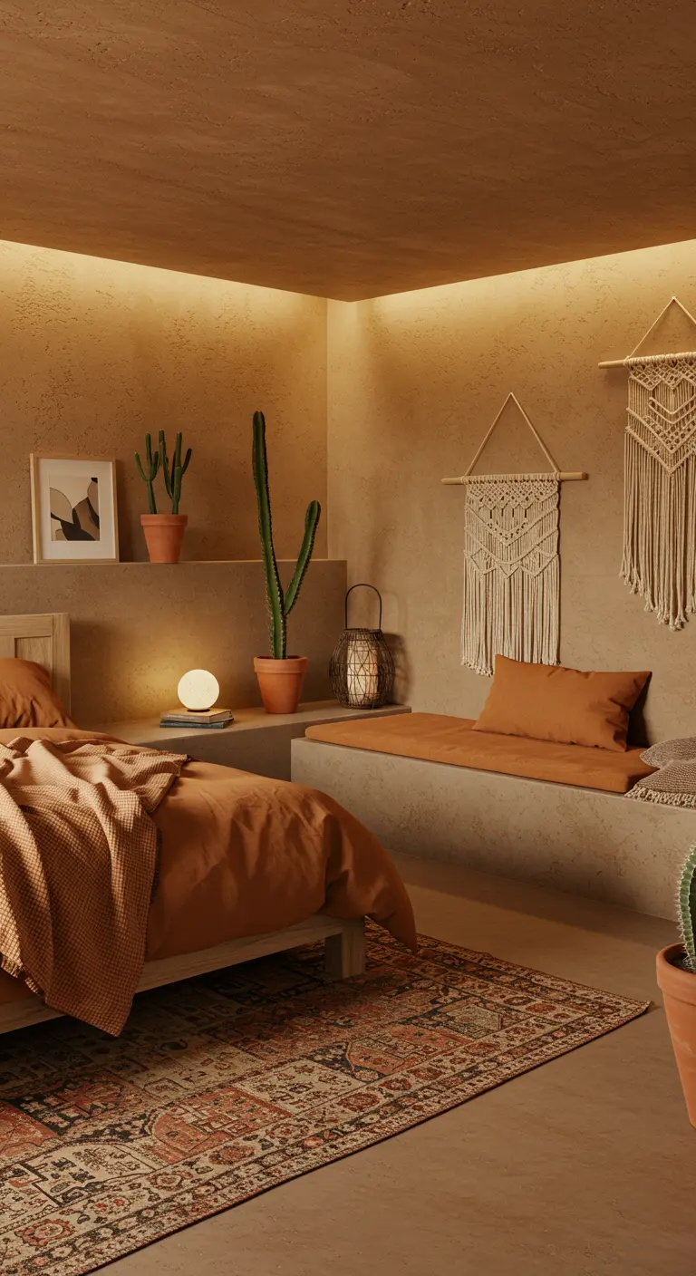 Slaapkamer in terracotta tinten met ingebouwde bank en macramé.
