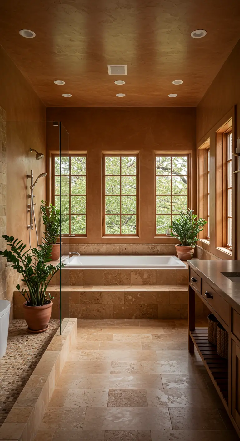 Badkamer in aardse tinten met drie grote ramen, ligbad en planten.
