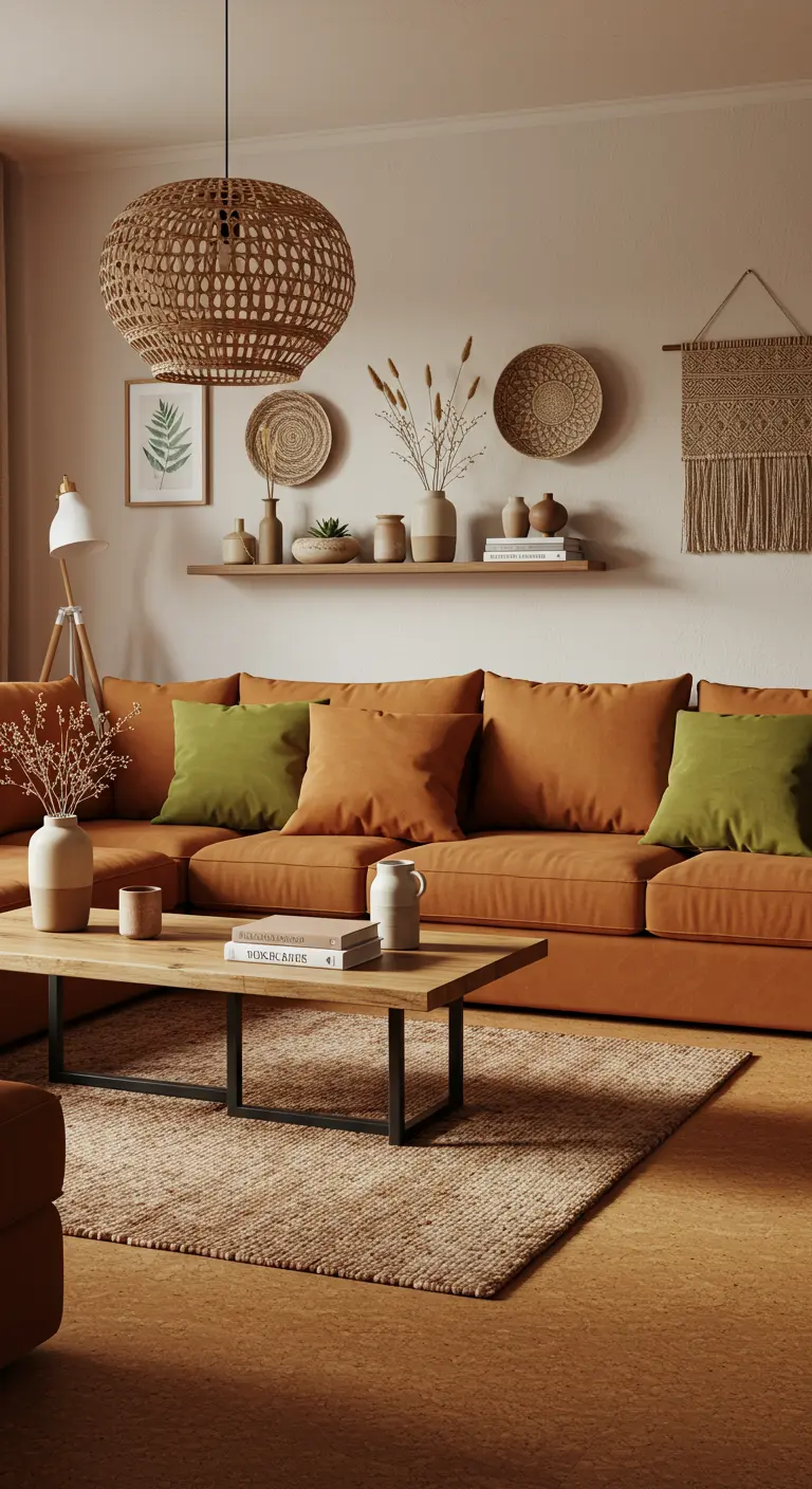 Terracotta kleurige hoekbank met aardetinten decoratie en rotan hanglamp.