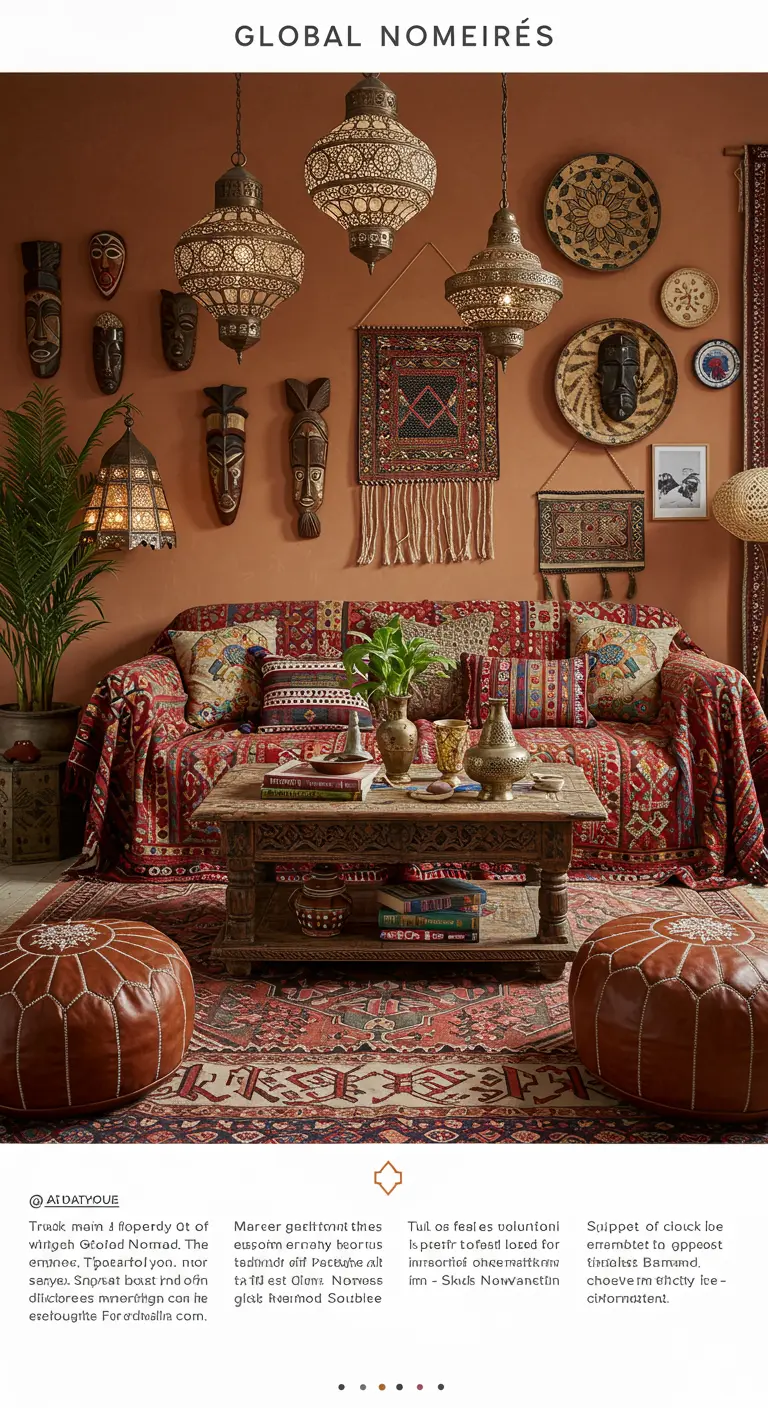 Woonkamer met terracotta muren, etnische decoraties, maskers en leren poefs.