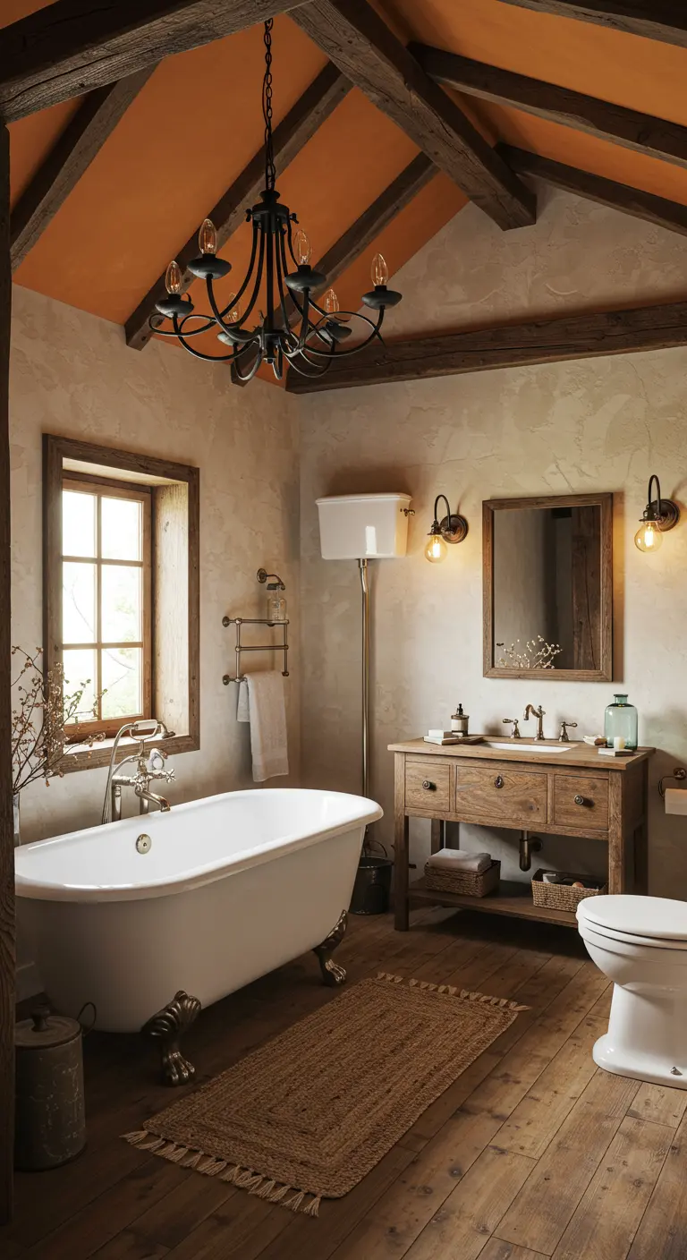Rustieke badkamer met terracotta plafond, houten balken en vrijstaand bad.