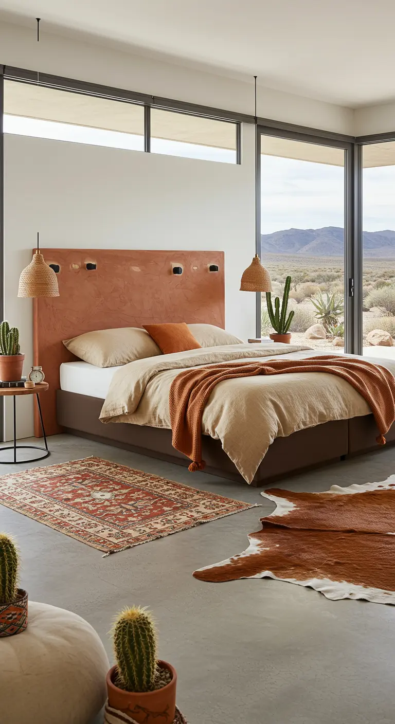 Bed met een hoofdbord in terracotta structuurverf, woestijnstijl met cactussen.