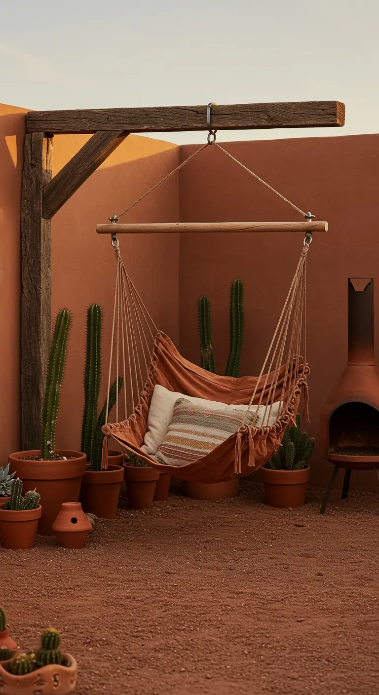 Terracotta kleurige hangstoel onder houten balk, omringd door cactussen en terracotta potten.