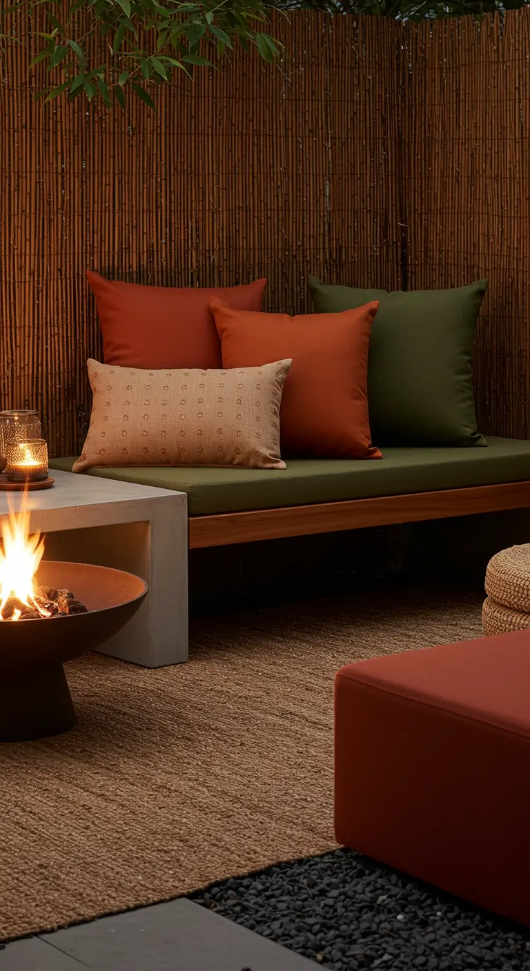 Moderne houten bank met olijfgroene en terracotta kussens bij een vuurtafel.