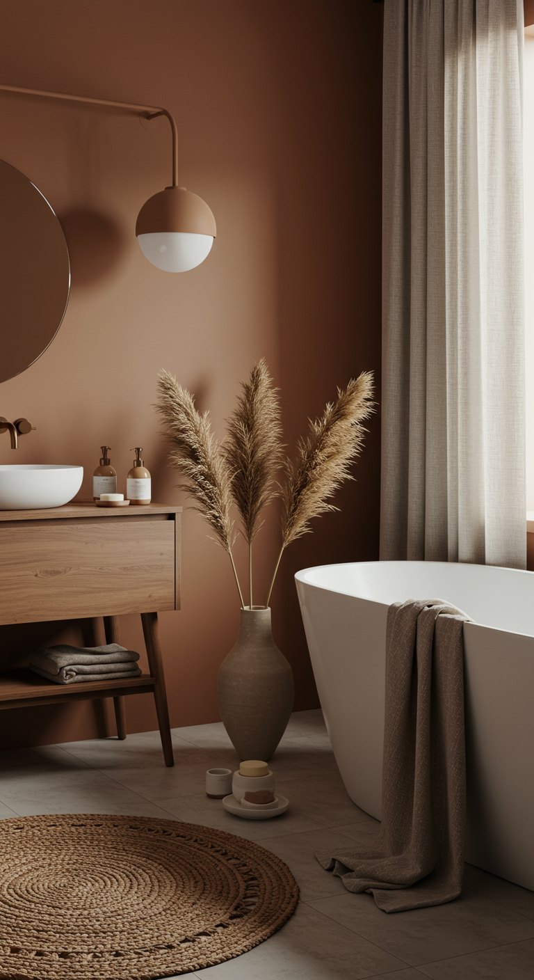 Badkamer met terracotta muren, houten meubel, ronde spiegel en pampasgras.