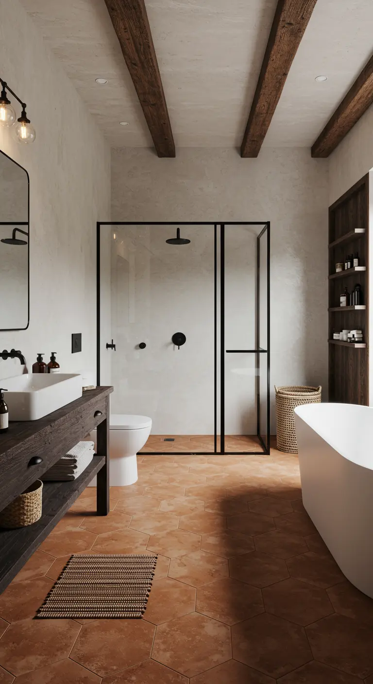 Rustieke badkamer met terracotta hexagon vloertegels en zwarte douche.