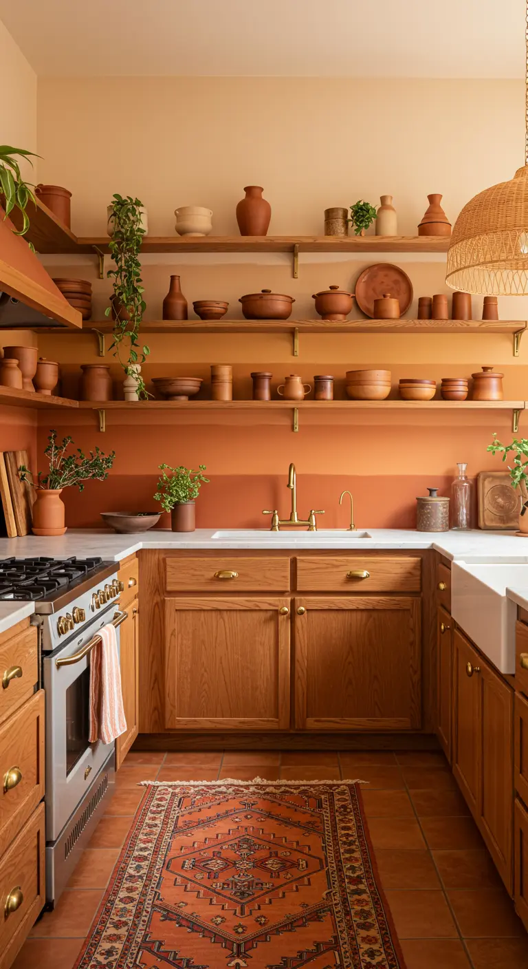 Warme keuken met terracotta kleurverloopmuur, houten kasten en open planken vol aardewerk.