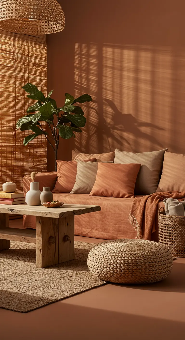 Warme woonkamer met terracotta muren, houten meubels en een grote groene plant.