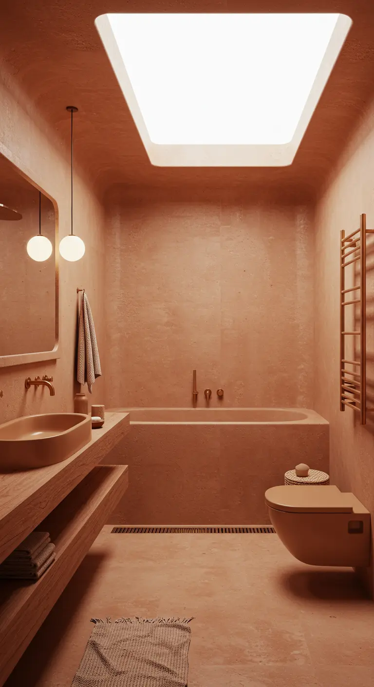 Badkamer met terracotta-kleurige tadelakt muren en bad, houten meubel en daklicht.
