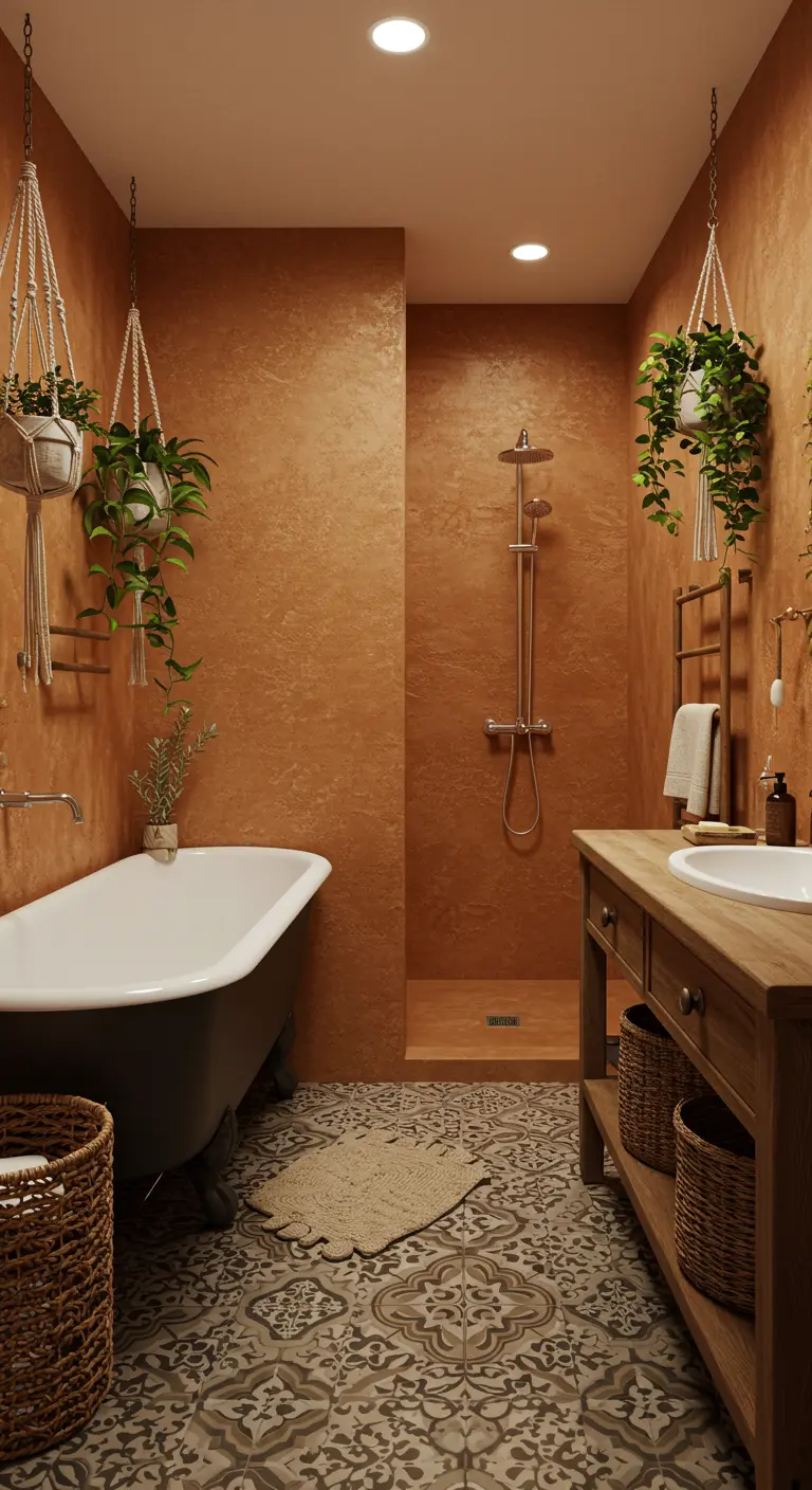 Badkamer met terracotta muren, patroontegels, vrijstaand bad en open douche.