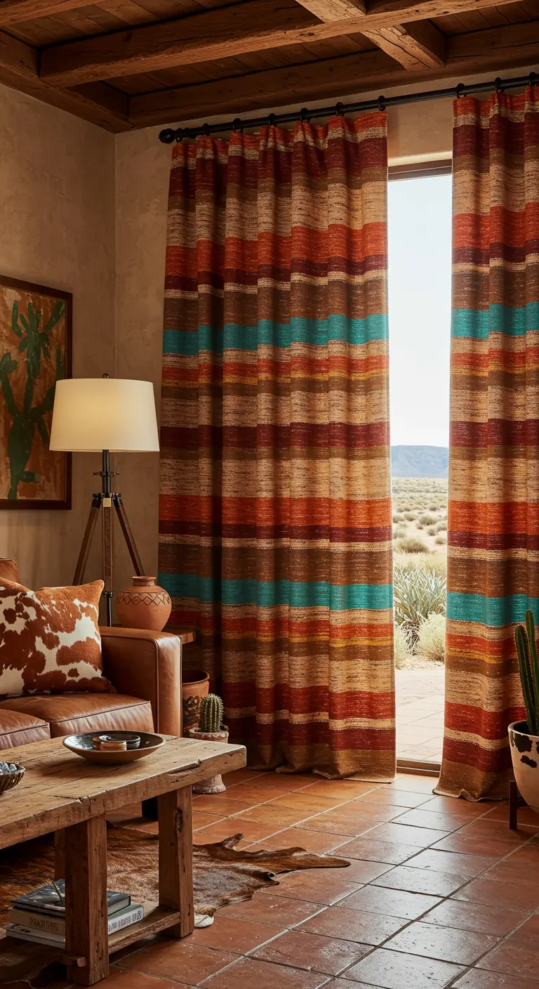 Gestreepte gordijnen in aardetinten en turquoise in een Southwestern stijl interieur.
