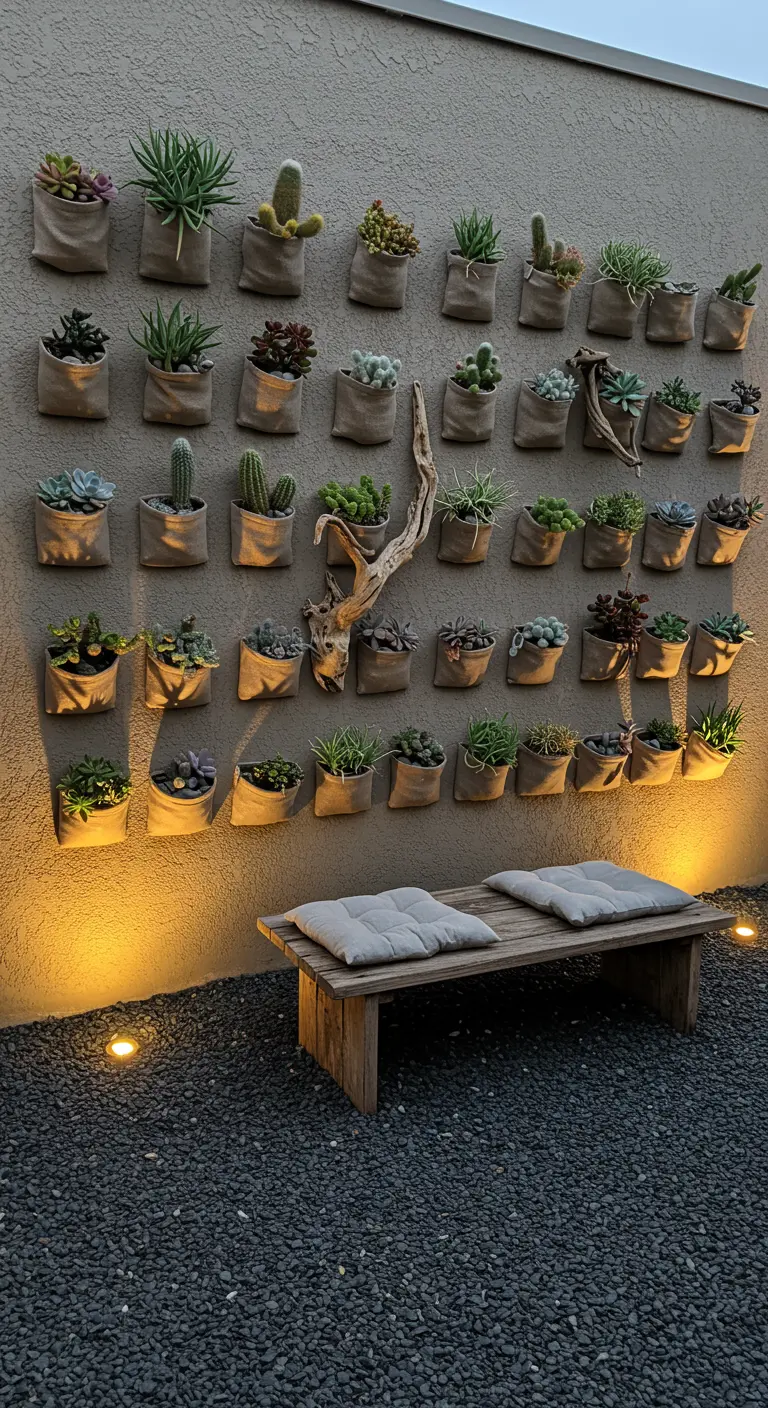 Muur met rijen juten zakjes vol succulenten, met een houten bank en sfeerverlichting.