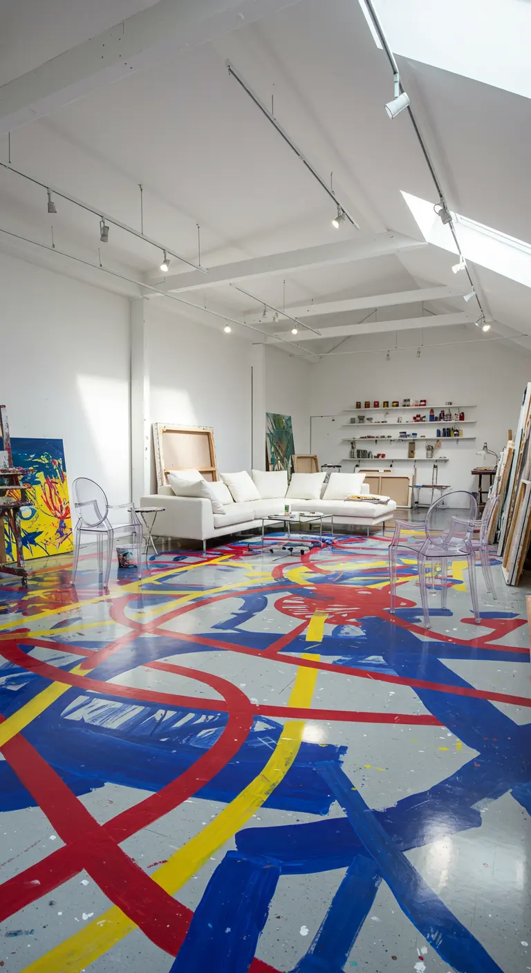 Witte atelierruimte met een grijze vloer vol kleurrijke, abstracte verfspatten.